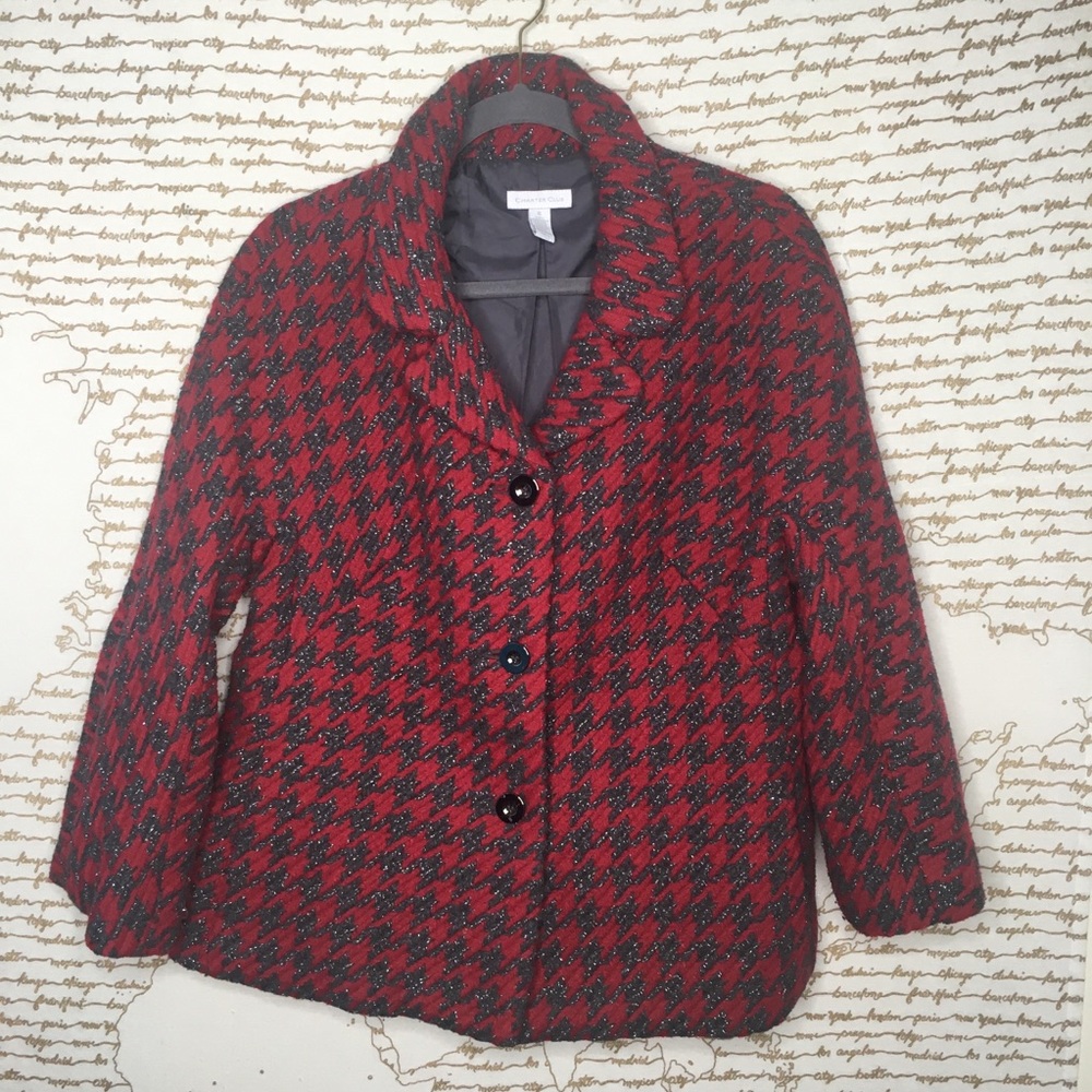Charter Club Size XL Red and Gray Plaid Wool Blend Button Up Pea Coat